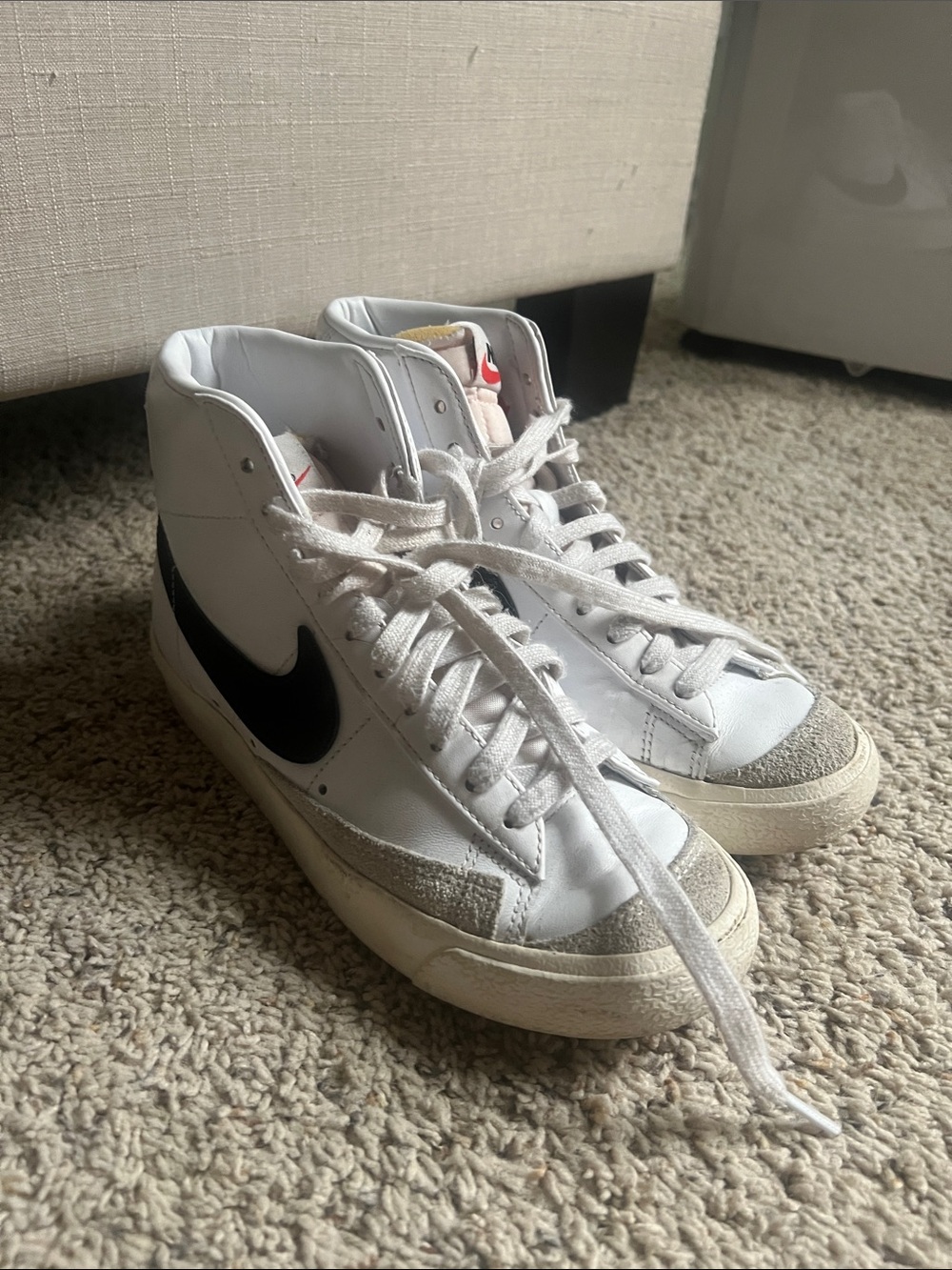 Nike Women’s White High-Top Sneakers with Black Swoosh and Gray Suede Accents